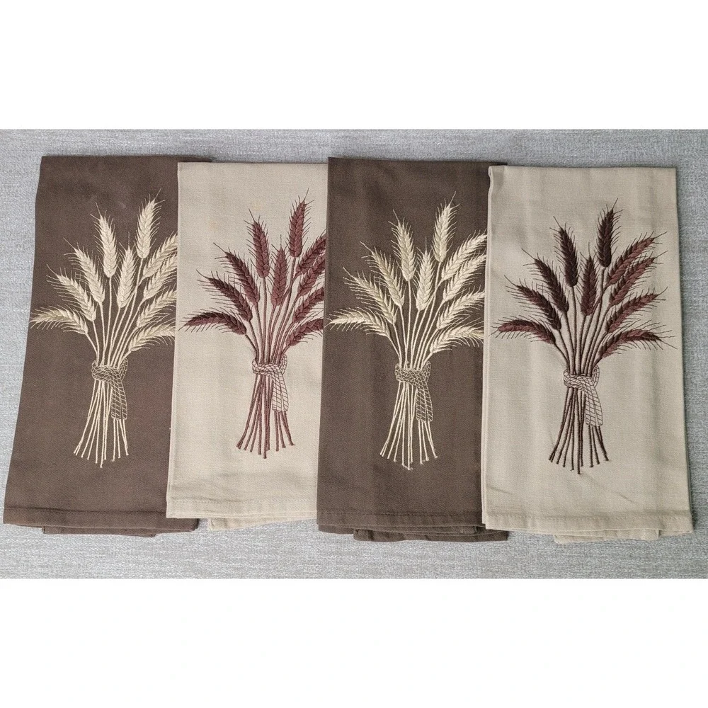 Fall Thanksgiving Wheat Stalks Embroidered Cotton Kitchen Towels Karis Set of 4